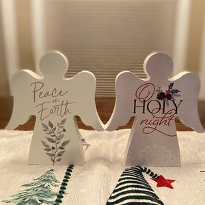 Christmas Angel Shaped Tier Tray Wood Signs, Oh Holy Night & Peace On Earth